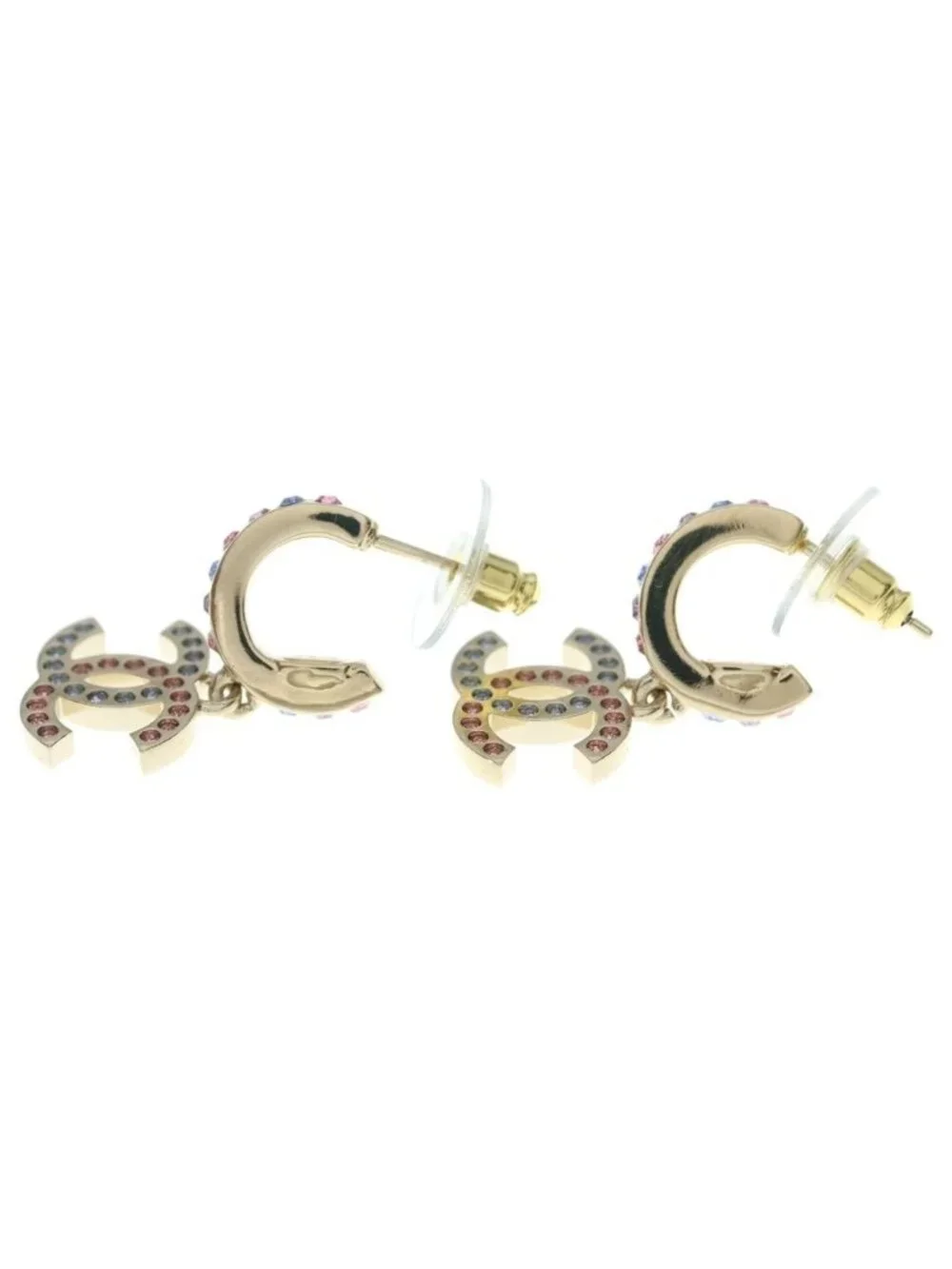 Chanel CC Logo Rhinestone Hoop Drop Earrings Gold